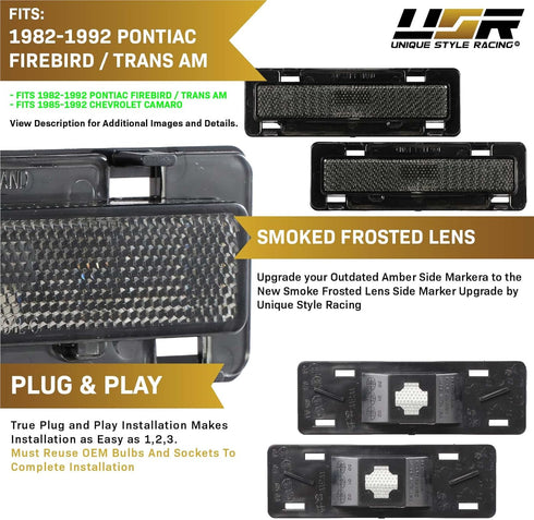USR 85-92 IROC Camaro Side Marker Light – Smoke Front Bumper Sidemarker Lamps (Left + Right) - Compatible with 1985-1992 Chevrolet Chevy Camaro an...