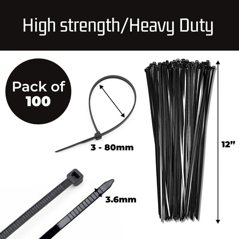 Bolt Dropper 12-Inch Black Zip Ties 100 Pack - Heavy Duty, Self-Locking Nylon Cable Ties for Indoor and Outdoor Projects - UV and Weather Resistan...
