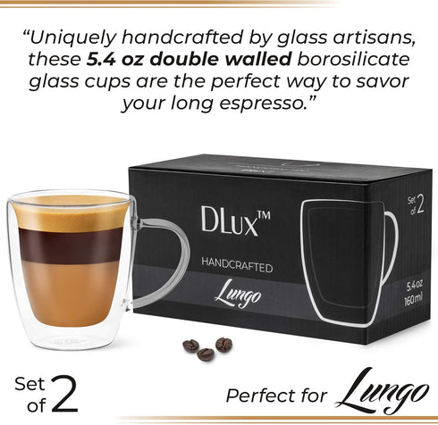 DLux Lungo 5.4oz Coffee Cups Double Wall, Clear Glass set of 2 Glasses with Handles, Insulated Borosilicate Glassware Tea Cup...