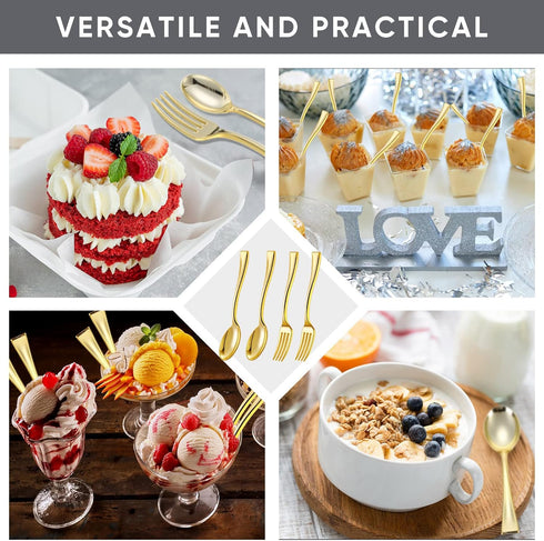 Gold Plastic Silverware Set, Plastic Gold Cutlery Utensils 4 Inch Tasting Gold Mini Forks and Spoons for Ice Cream Sample Desserts Sampling Puddin...