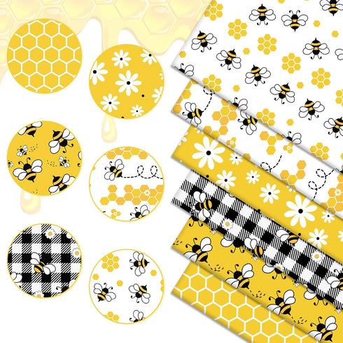 Whaline 6Pcs Summer Cotton Fabric Bundles Bee Daisy Honeycomb Plaid Fat Quarters Bee Theme Quilting Patchwork Squares for DIY Handmade Craft Decor...