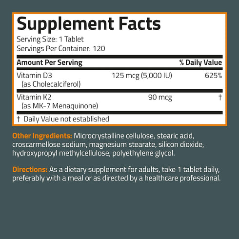 Bronson Basics Vitamin K2 D3 (MK7) Supplement Non-GMO Formula 5000IU (125 mcg) Vitamin D3 & 90 mcg Vitamin K2 MK-7 Easy to Swallow Vitamin D & K C...