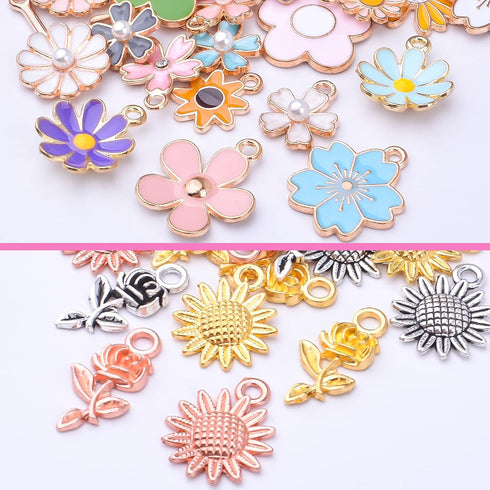 60pcs Mixed Enamel Flower Charms Alloy Sunflower Rose Flower Pendants Sweet Dangle Charms Jewelry Making Accessories for DIY Necklace Bracelet Ear...
