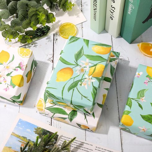 Generic AnyDesign 12 Sheets Summer Lemon Wrapping Paper - Not Roll - Watercolor Lemon Flowers Gift Wrap Paper Bulk Folded Flat Art Paper for Summe...