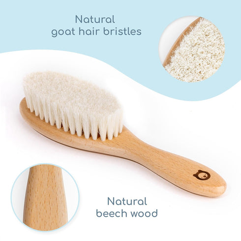 Wooden Baby Hair Brush and Comb Set for Newborns & Toddlers in Chic Gift Box - Ultra Soft Natural Goat Hair and Wood Baby Brush Set - Perfect Regi...