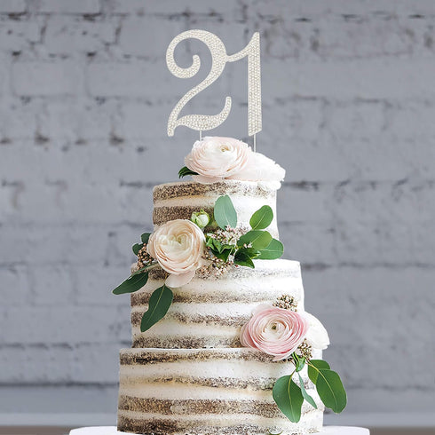 21 Cake Topper - Premium Silver Metal - 21st Birthday Party Sparkly Rhinestone Decoration Makes a Great Centerpiece - Now Protected in a Box...