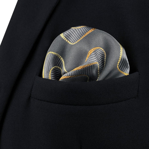 S&W SHLAX&WING Mens Pocket Square Grey with Yellow Golden Geometric Wedding...