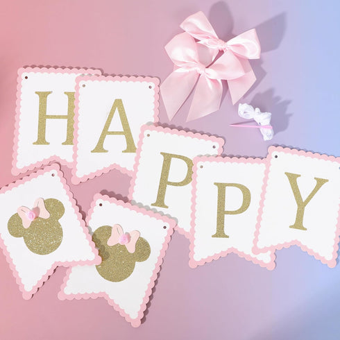 Minnie Happy Birthday Decorations - Minnie 1st/First Birthday Banner,Mouse Pink And Gold Birthday Banner,Mouse Birthday Party Banner...