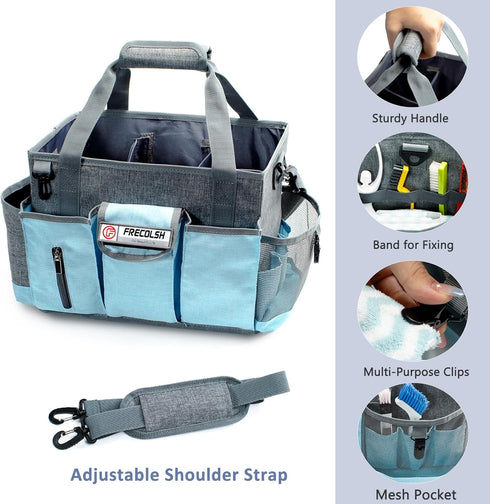 Grey-Blue Cleaning Caddy, Oxford Polyester, Adjustable 5 Compartments, Padded Carry Handle, Waterproof Interior, Ideal for Housekeeping and Cleani...