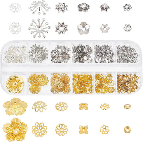 PH PandaHall 278Pcs Bead Caps, 12 Styles Flower Bead Cap Spacers Brass & Alloy Bead Cap Bails End Charm Caps Spacer Beads for Earring Bracelets Ne...