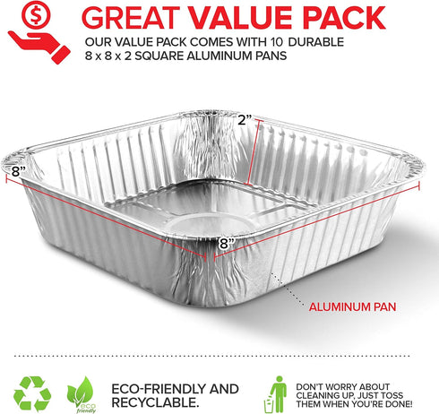 8x8 Foil Pans (10 Pack) 8 Inch Square Aluminum Pans - Foil Pans - Disposable Food Containers Great for Baking Cake, Cooking, Heating, Storing, Pre...