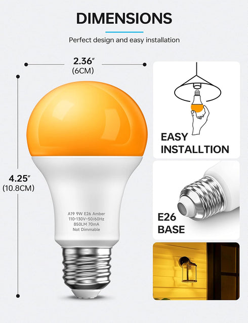 KINDEEP Amber Light Bulbs, 9W Amber Yellow LED Light Bulb, 2000K Soft Warm Sleep Light Bulbs, Bug Light Bulbs, 60W Equivalent, E26, for Bedroom, N...