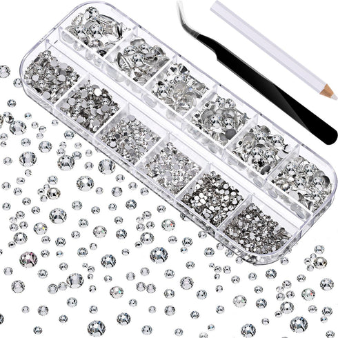 2000 Pieces Flat Back Gems Rhinestones 6 Sizes (1.5-6 Mm) Round Crystal with Pick up Tweezer and Rhinestones Picking Pen for Crafts Nail Clothes S...