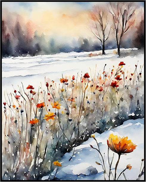 Posterizer 1 pcs-snowy winter flowers scene in oil painting style-9-Floral & Botanical Art-Landscape & Nature Art-Living Room Bedroom Decor- unfra...