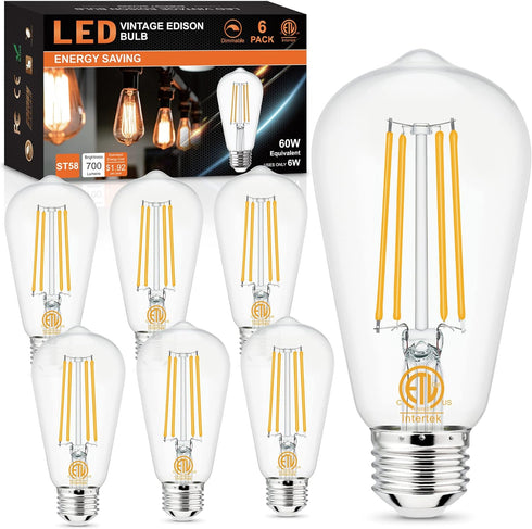 hansang E26 Edison Light Bulbs Dimmable 2700K Warm White, Vintage Edison Bulbs 60 Watt Equivalent LED, 6W Filament Light Bulbs CRI 85+, ST58 LED B...