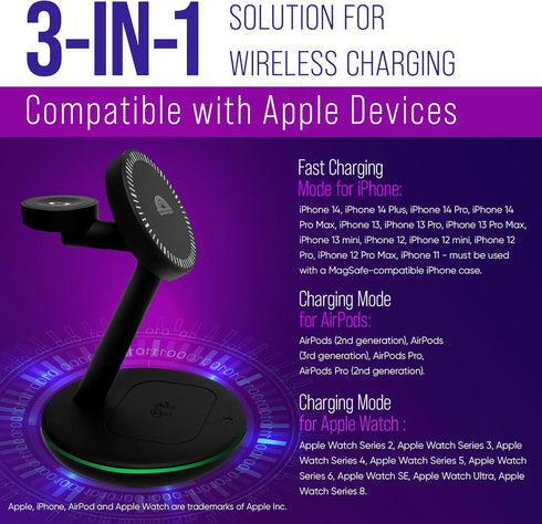 3 in 1 Magnetic Wireless Charging Station Fast Mag-Safe Charging Adapter Compatible with Apple Devices iPhone 15 14 13 12 Pro/Pro Max/Plus/Mini Ai...
