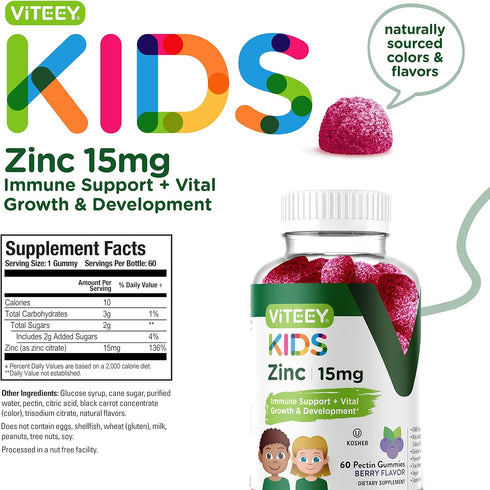 Zinc for Kids Gummies, 15mg - Immune Support for Kids & Teens - Powerful Natural Antioxidant, Kids Zinc Vitamin Supplement - Vegan, Gelatin Free, ...