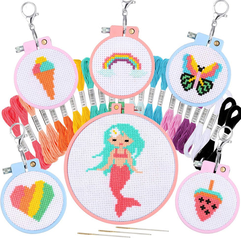 Pllieay 6 Pcs Cross Stitch Kits for Beginners for Kids 7-13, Kids Embroidery Kit Needlepoint Kit Arts and Crafts Kit with Instructions for Backpac...