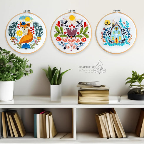 Hearthfire Hygge 3-Pack Beginner Embroidery Kit for Adults | Scandinavian Folk Art Hand Embroidery Kit for Beginners Adults | Fox, House, Flower E...