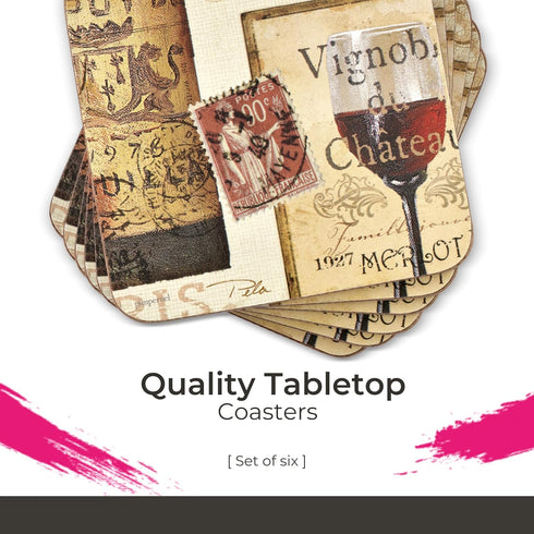 Pimpernel French Cellar Coasters - Set of 6 Cork-Backed Drink Coasters Featuring Rustic Wine Labels for Dining Tables, Bar Tops, & Home Decor with...