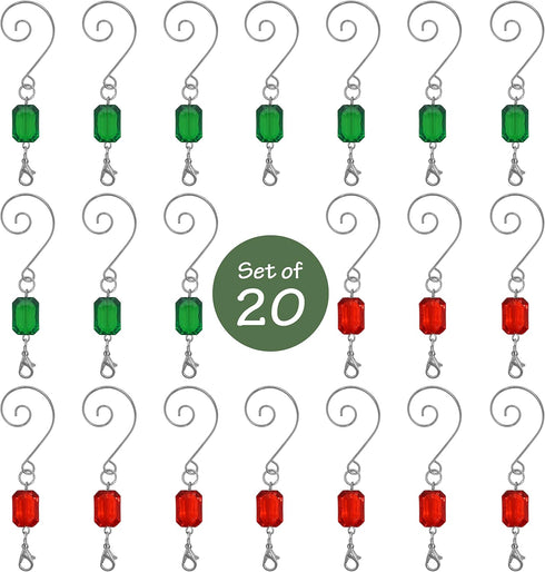 Christmas Ornament Hooks - Set of 20 Red and Green Acrylic Jewels - Silver Wire Ornament Hangers - Decorative Scroll S-Hook with Lobster Claws - H...