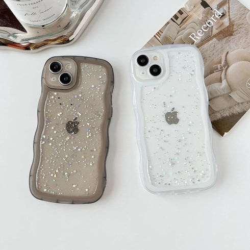 Qokey for iPhone 14 Plus Case 6.7" Curly Wave Edge Design Transparent Bling Glitter Star Shiny Case Cute Clear Transparent Full Protection Soft TP...