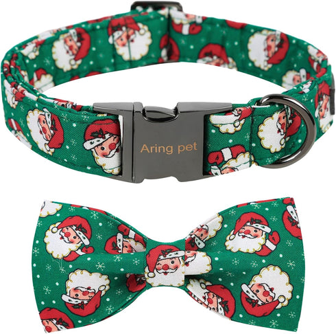 ARING PET Christmas Dog Collar-Green Santa Claus Dog Collar with Bow, Adjustable Cotton Christmas Pet Collars Puppy Collars with Metal Buckle...