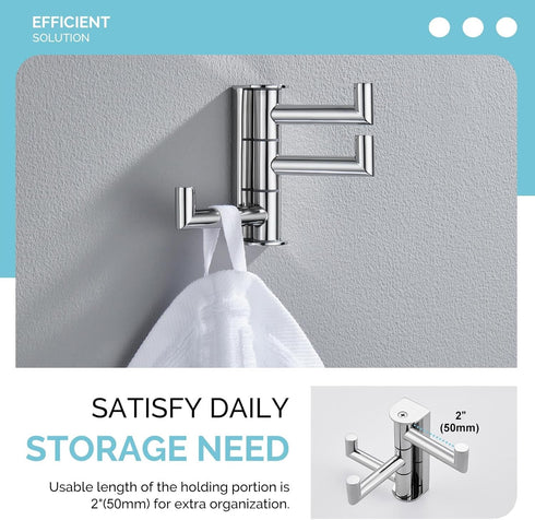 Angle Simple Swivel Towel Hook Polished Chrome, 304 Stainless Steel 3-Arm Robe Hook Bath Towel Hanger, Folding Coat Hook Wall Mounted, 3-Hook Towe...