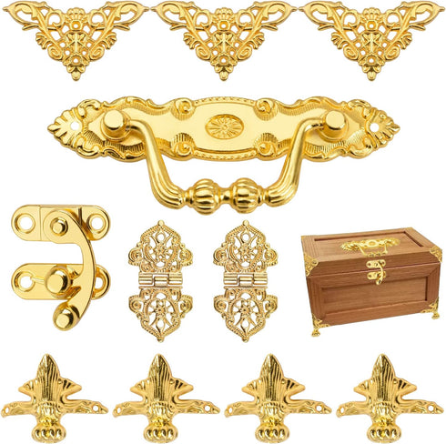 Gold Jewelry Box Antique Lock Latch Hasp Hinges Handle Box Corner Protectors Kit for DIY Jewelry Box, Wood Case Jewelry Chest Storage Box Feet Leg...