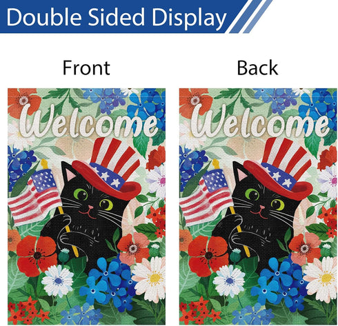 Welcome 4th of July Black Cat Garden Flag 12x18 Inch Double Sided Burlap, Patriotic USA Flag Memorial Day Flower Yard Flag for Independence Day Ou...