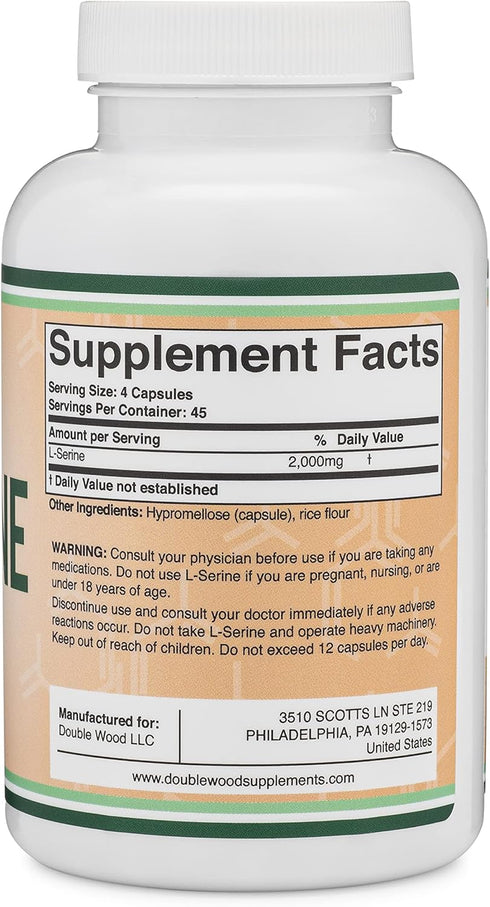 L-Serine Capsules (Third Party Tested) - 2,000mg Servings Used in Clinical Study, 180 Count, 500mg per Capsule (L Serine Amino Acid for Serotonin ...