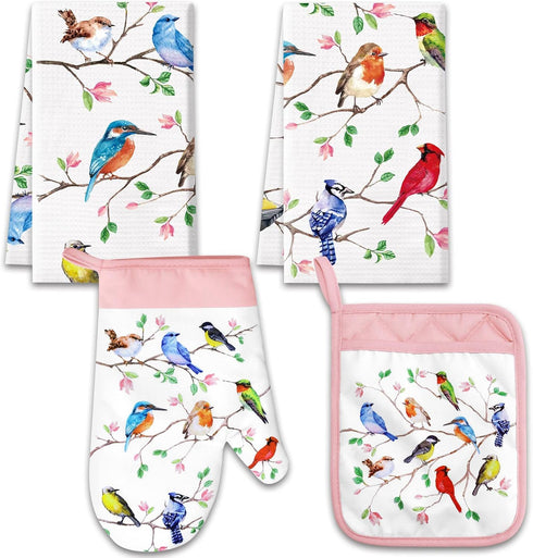 Vansolinne Birds Kitchen Dish Towels Pot Holder Oven Mitt with Loop Kit Spring Gifts for Bird Lovers Teacher Women Mom Birdies on Wire Cardinal Hu...