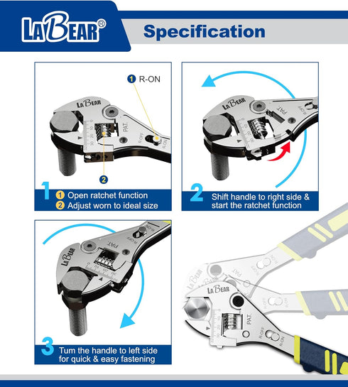 LABEAR- 8 Inch long x 1inch(25mm) Adjustable Ratchet Wrench...