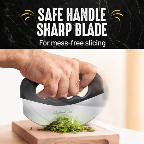 Checkered Chef Salad Chopper Tool with Cover, Mezzaluna Knife Stainless Steel Vegetable Rocker, Mincer, Cutter...