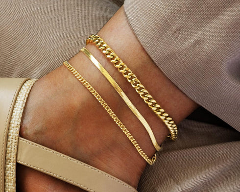 DEARMAY Gold Ankle Bracelets for Women Waterproof 3Pcs 14K Gold Plated Anklets Layered Cuban Link Chain Herringbone Dainty Cute Anklets Set Pack S...