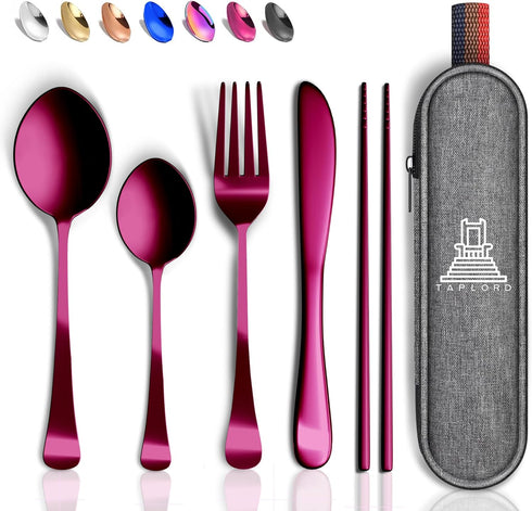 Portable Travel Silverware Set With Case, Includes 5 Pcs of Travel Utensils With Case, Stainless Steel Flatware Set For Camping, Easy to Travel, L...