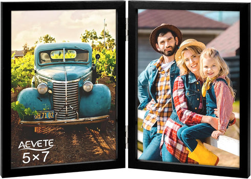 AEVETE 5x7 Picture Frames Double Hinged Wood Folding Photo Frames Vertical with Plexiglass Front, Black...