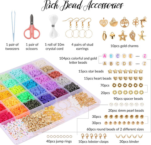 QUEFE 8200pcs Clay Beads Bracelet Making Kit, 30 Colors Flat Preppy Beads for Friendship Bracelets, Polymer Heishi Beads with Charms for Jewelry M...