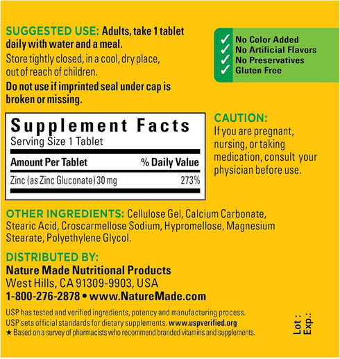 Nature Made Zinc 30 mg, Dietary Supplement for Immune Health and Antioxidant Support, 100 Tablets, 100 Day Supply...