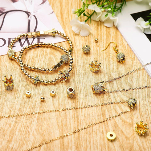 1034 Pieces King Crown Charm Rhinestone Bead Round Ball Zircon Bead Hexagon Big Hole Spacer Bead Diamond Cutting Cube Bead for DIY Chain Bracelet ...