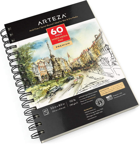 ARTEZA Mixed Media Sketchbook, 5.5 x 8.5 Inches, Pack of 1, 60 Sheets, Micro-Perforated Spiral-Bound Paper Pad for Wet and Dry Media...