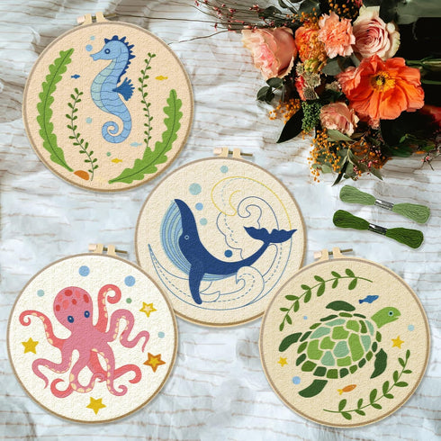 INFUNLY 4 Sets Embroidery Kit for Beginners with Sea Animals Pattern DIY Embroidery Kit for Adults Ocean Embroidery Art Kit Turtles/Seahorses/Octo...