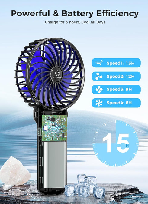 JZCreater Mini Handheld Fan,Portable Hand Held Fan, 15H Cooling Fan, Quiet 4 Speed, USB Rechargeable Battery Operated Desk Fan, Small Folding Elec...