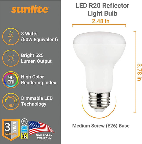 Sunlite 81393 LED 90 CRI R20 Recessed Light Bulb, 8 Watts (50W=), 525 Lumens, Dimmable, Medium Base (E26), Wide 110° Beam Angle, Energy Star, UL L...