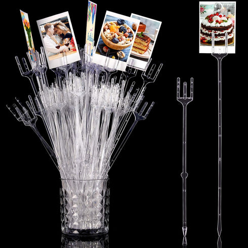 Geiserailie 50 Pieces Flower Card Holder Stick Clear Plastic Floral Picks 9.4'' 12.2'' Transparent Fork Straight Head Photo Card Holder Floral Sti...
