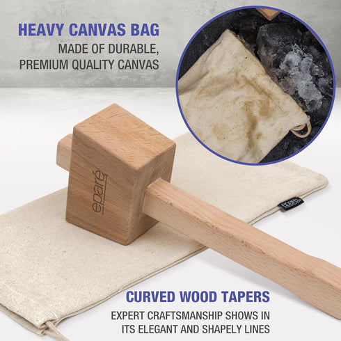 Eparé Lewis Bag & Ice Mallet - Manual Ice Crusher Wooden Hammer - Canvas Crushing Bag - Crushed Ice Bar Cocktails - Bartender & Kitchen Tools Kit...