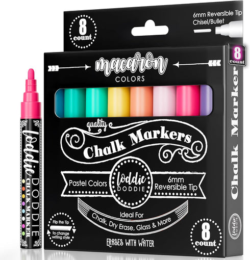 Loddie Doddie Liquid Chalk Markers - 8 Count, 6mm Reversible Chisel & Bullet Tips - Erasable Macaron Pastel Pens for Chalkboard & Acrylic Calendar...
