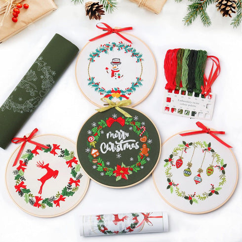 4 pcs of Christmas Embroidery kit with Patterns and Instructions, DIY Adult Cross Stitch Kits, Including 4 Plastic Embroidery Rings, 1 Pair of Sci...