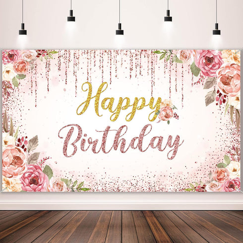 Happy Birthday Backdrop Decorations for Women Background Party Supplies Rose Backdrop Photography for Girls Boys Floral Glitters Banner Wedding Ba...