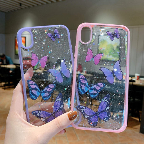 Butterfly Pattern Phone Case for Apple iPhone SE 2020, 8, 7 - Purple, Cute, Clear, Slim Fit, TPU Shockproof, Glitter, Butterfly...